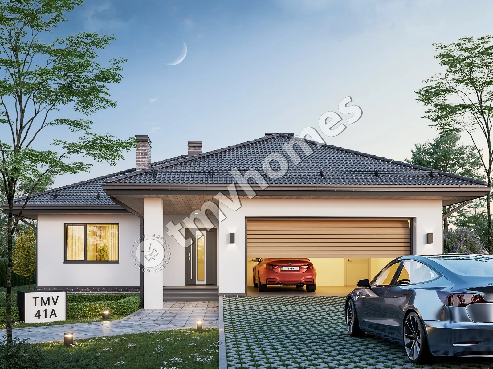 Vieno aukšto namo projektas 136 m²: 3 Miegamieji, 2 Vonios, Atvira virtuvė, Garažas