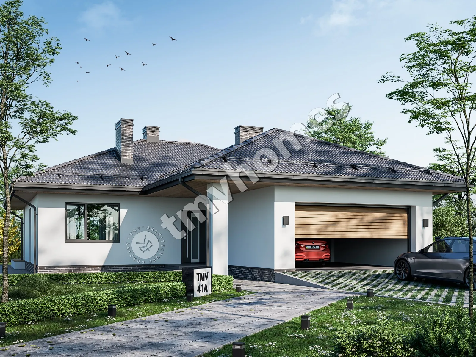 Vieno aukšto namo projektas 136 m²: 3 Miegamieji, 2 Vonios, Atvira virtuvė, Garažas
