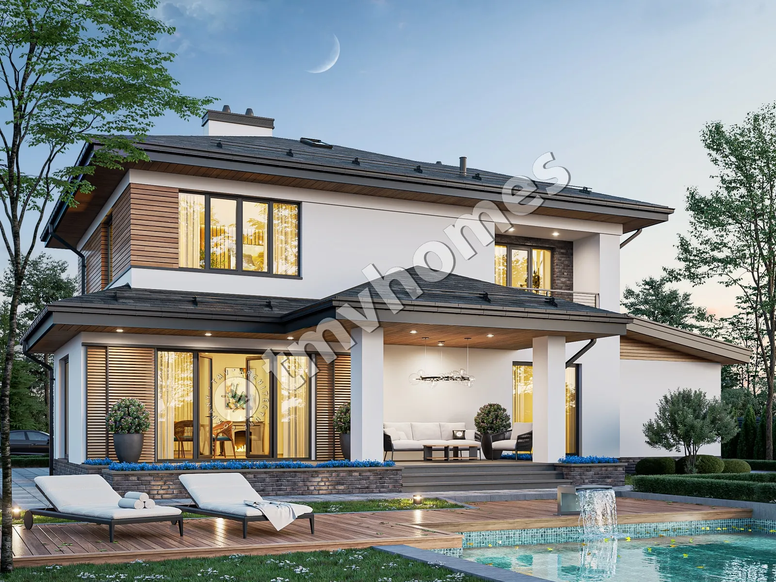 Dviejų aukštų namo projektas 177 m²: 3 Miegamieji, 3 Vonios, Atvira virtuvė, be Garažo