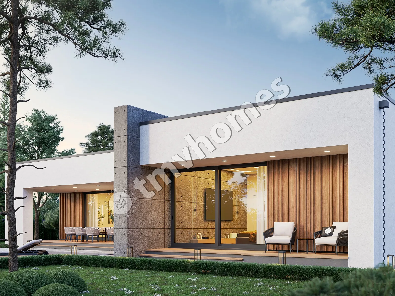 Vieno aukšto namo projektas 224 m²: 3 Miegamieji, 3 Vonios, Atvira virtuvė, be Garažo