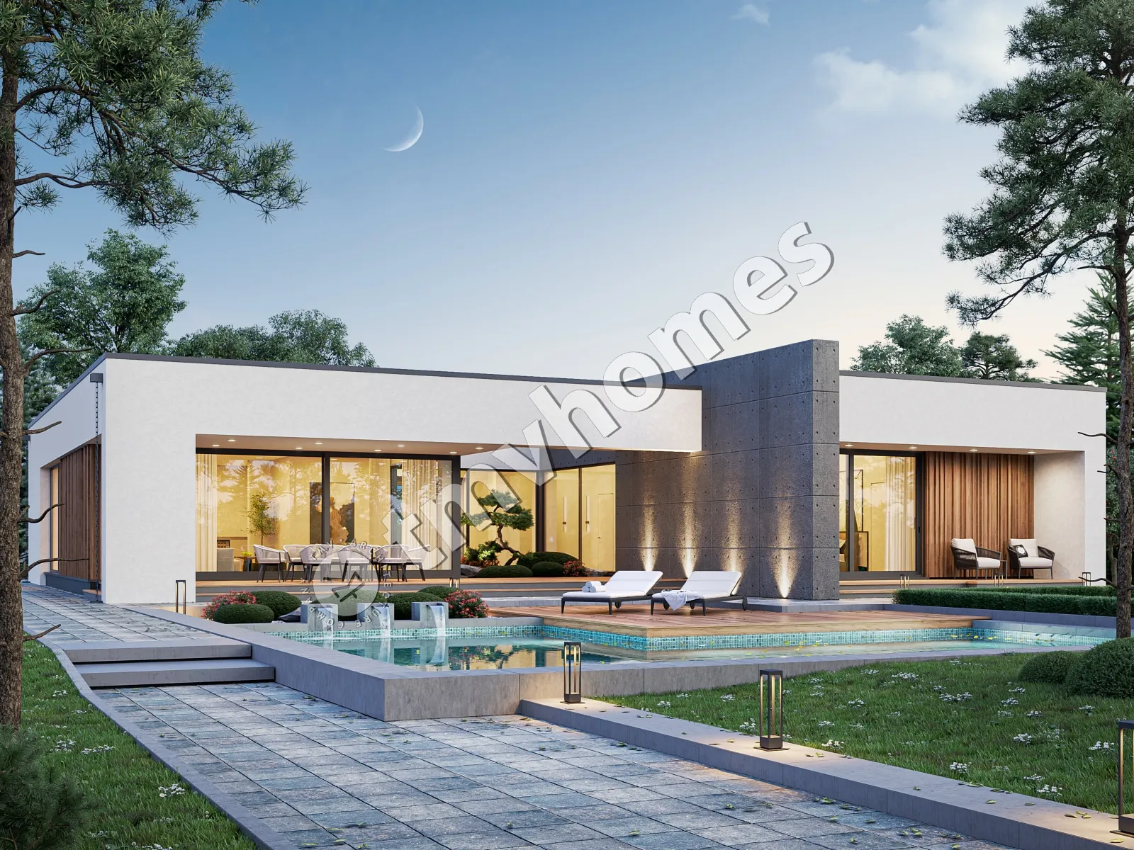Vieno aukšto namo projektas 224 m²: 3 Miegamieji, 3 Vonios, Atvira virtuvė, be Garažo