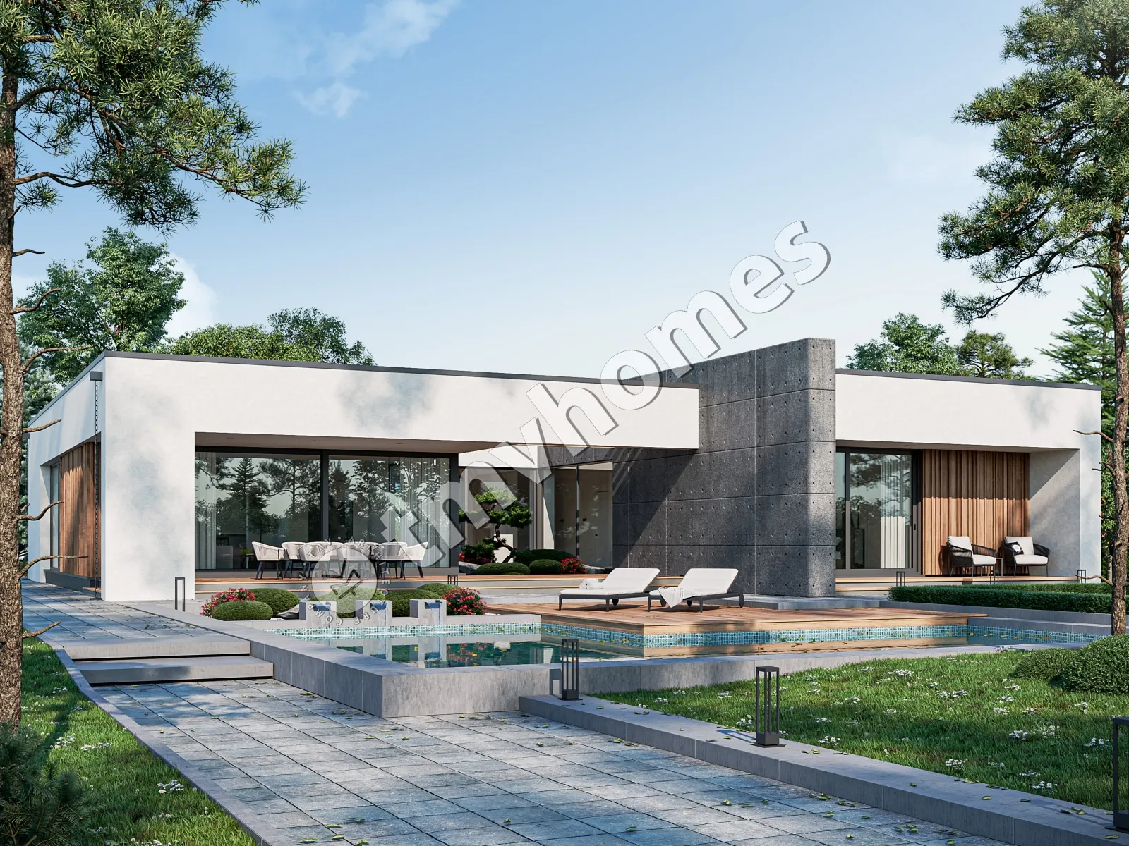 Vieno aukšto namo projektas 224 m²: 3 Miegamieji, 3 Vonios, Atvira virtuvė, be Garažo