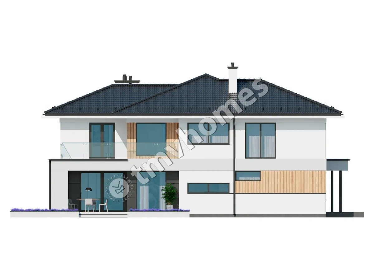 Dviejų aukštų namo projektas 270 m²: 2 Miegamieji, Darbo kambarys, 2 Vonios, Atvira virtuvė, Garažas