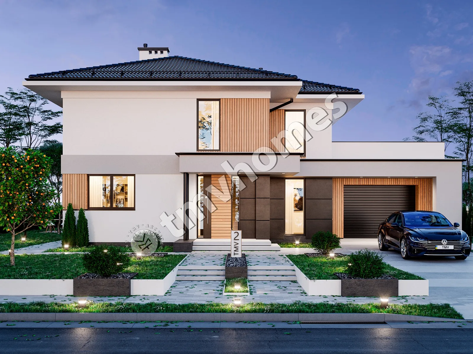 Dviejų aukštų namo projektas 270 m²: 2 Miegamieji, Darbo kambarys, 2 Vonios, Atvira virtuvė, Garažas