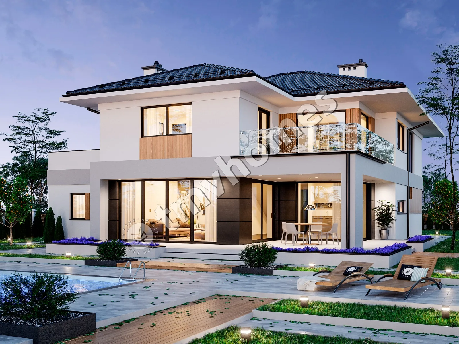 Dviejų aukštų namo projektas 270 m²: 2 Miegamieji, Darbo kambarys, 2 Vonios, Atvira virtuvė, Garažas