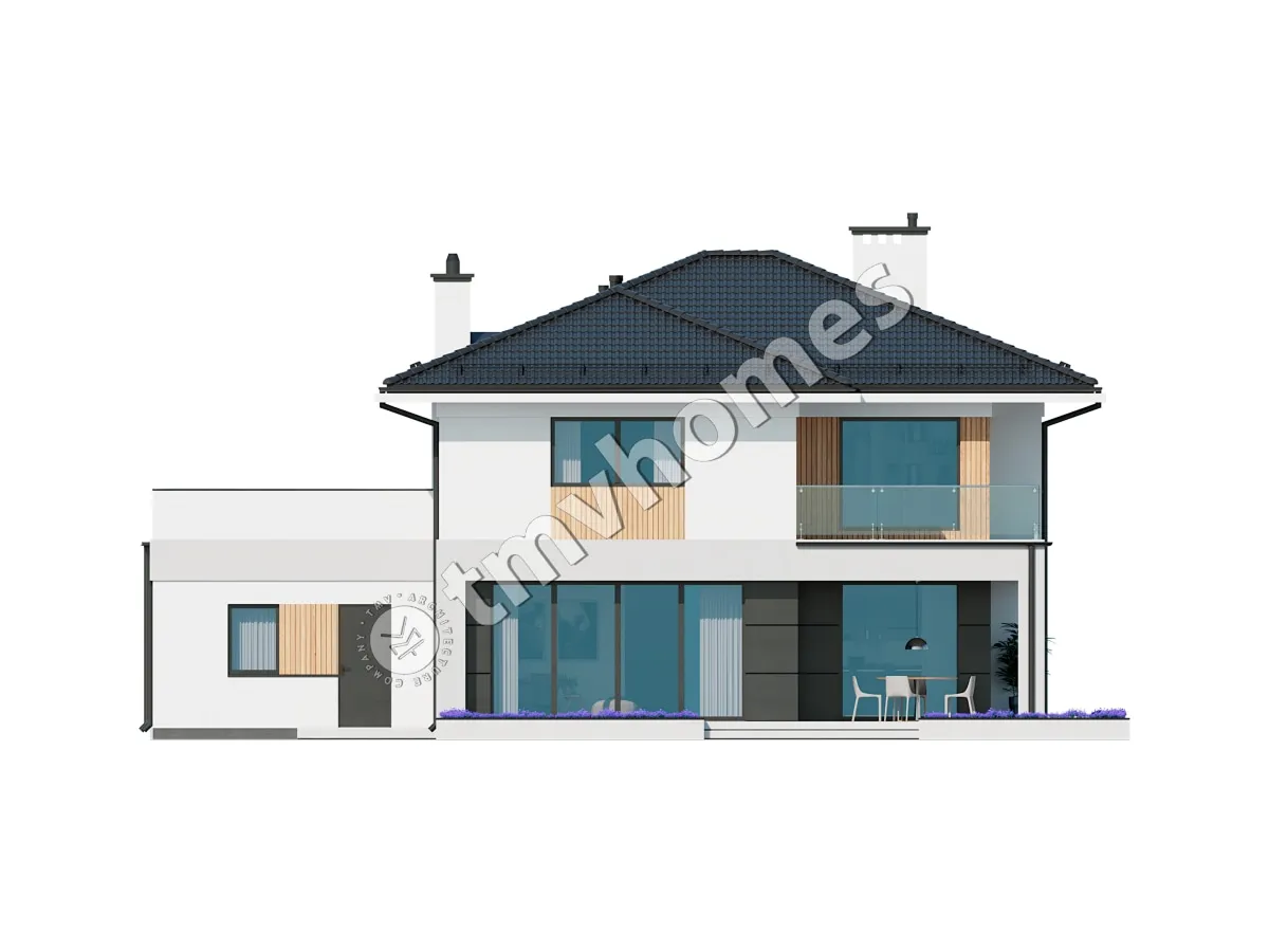 Dviejų aukštų namo projektas 270 m²: 2 Miegamieji, Darbo kambarys, 2 Vonios, Atvira virtuvė, Garažas