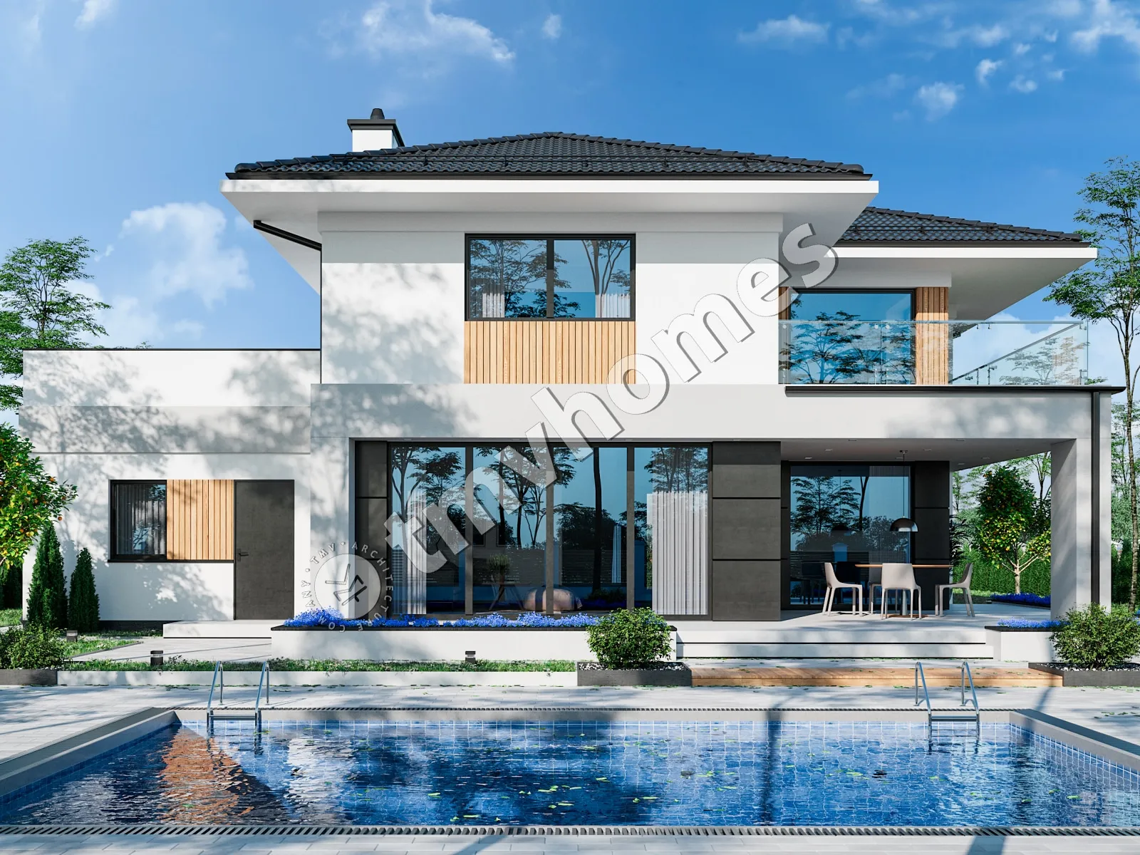 Dviejų aukštų namo projektas 270 m²: 2 Miegamieji, Darbo kambarys, 2 Vonios, Atvira virtuvė, Garažas