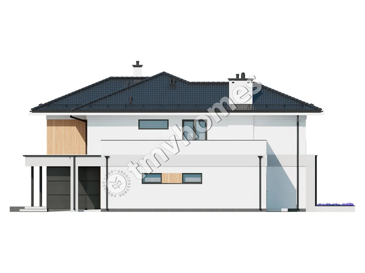 Dviejų aukštų namo projektas 270 m²: 2 Miegamieji, Darbo kambarys, 2 Vonios, Atvira virtuvė, Garažas