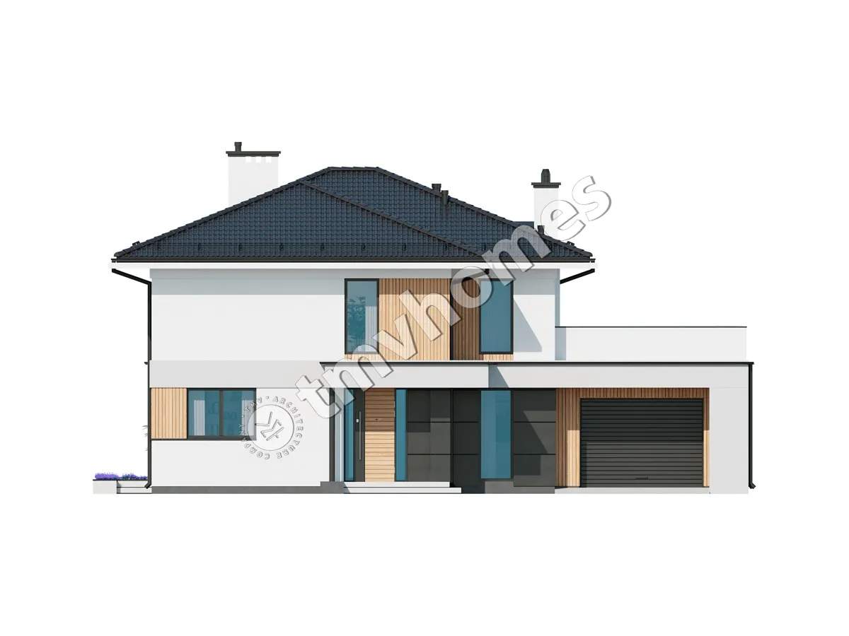 Dviejų aukštų namo projektas 270 m²: 2 Miegamieji, Darbo kambarys, 2 Vonios, Atvira virtuvė, Garažas