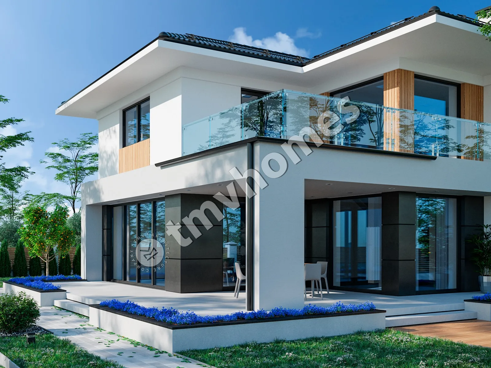 Dviejų aukštų namo projektas 270 m²: 2 Miegamieji, Darbo kambarys, 2 Vonios, Atvira virtuvė, Garažas