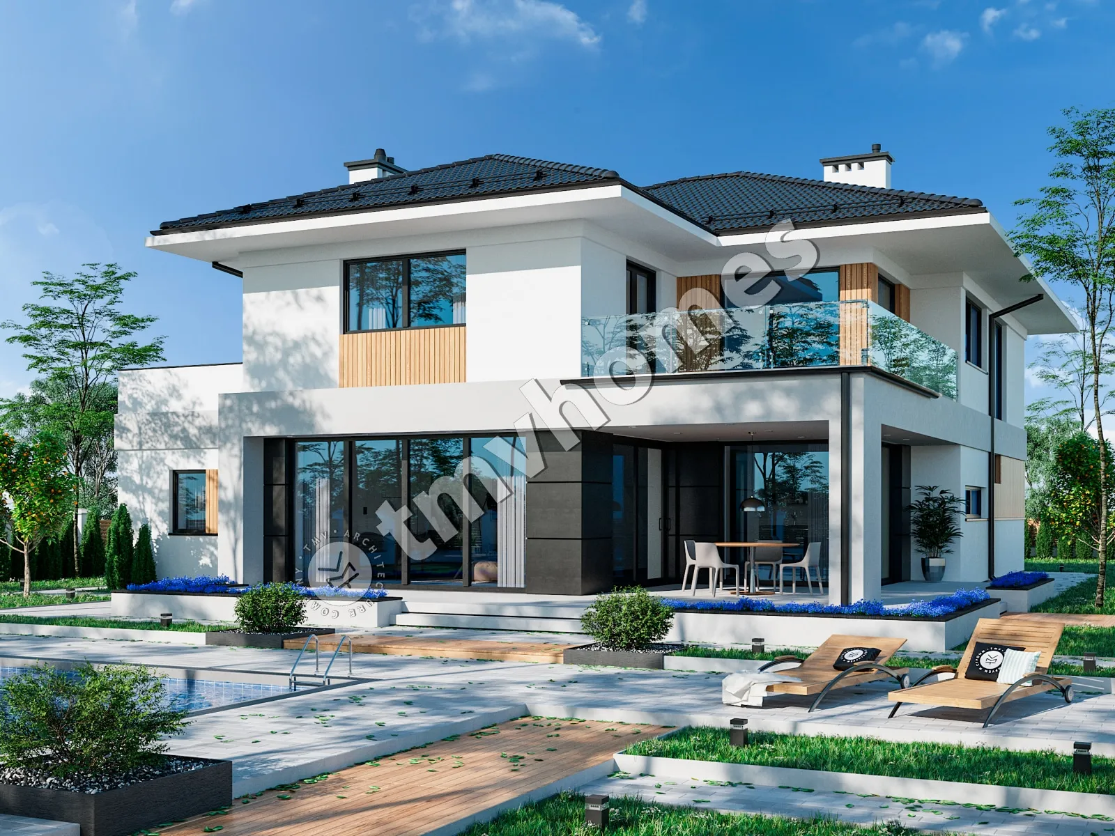 Dviejų aukštų namo projektas 270 m²: 2 Miegamieji, Darbo kambarys, 2 Vonios, Atvira virtuvė, Garažas