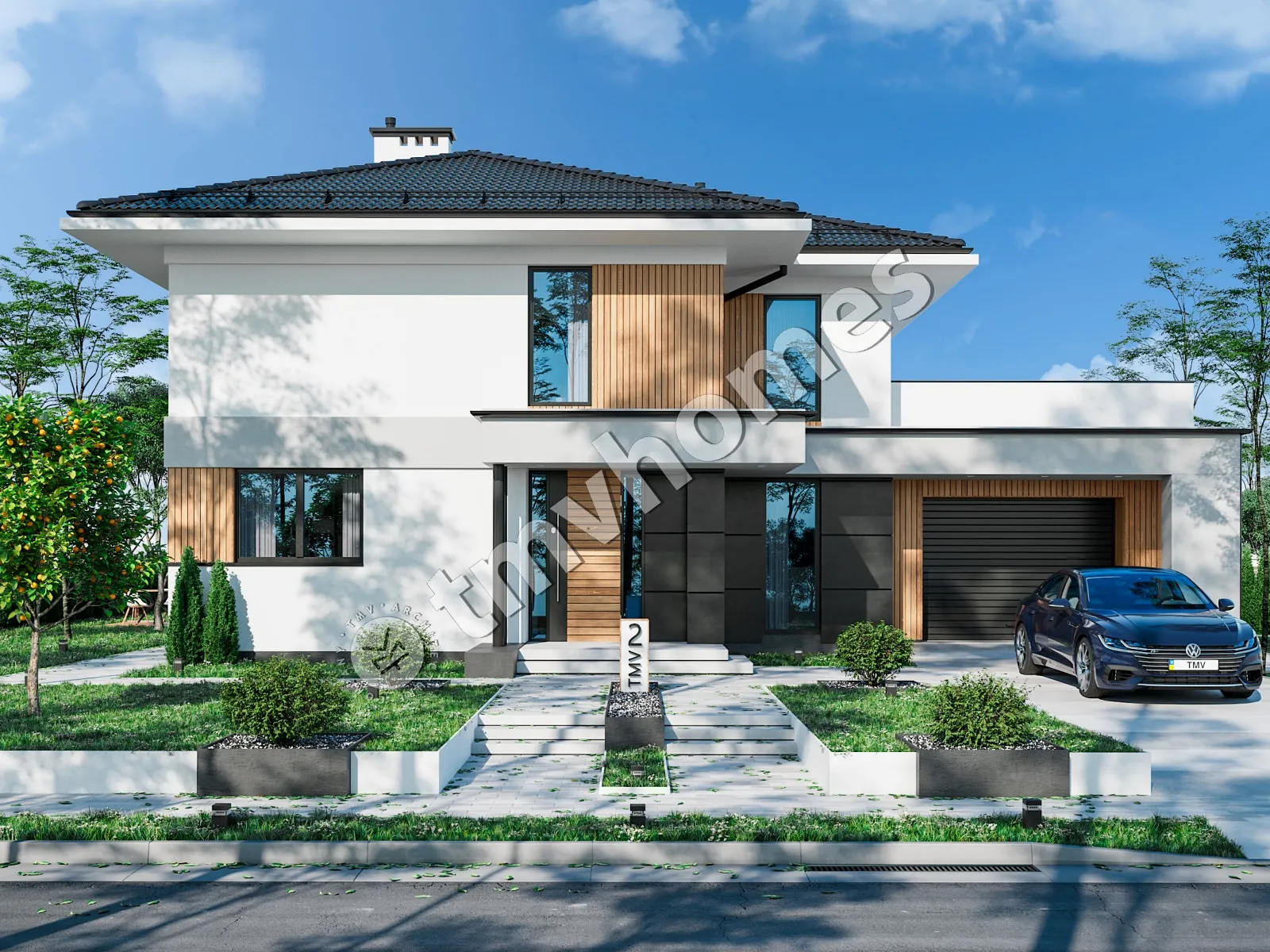 Dviejų aukštų namo projektas 270 m²: 2 Miegamieji, Darbo kambarys, 2 Vonios, Atvira virtuvė, Garažas