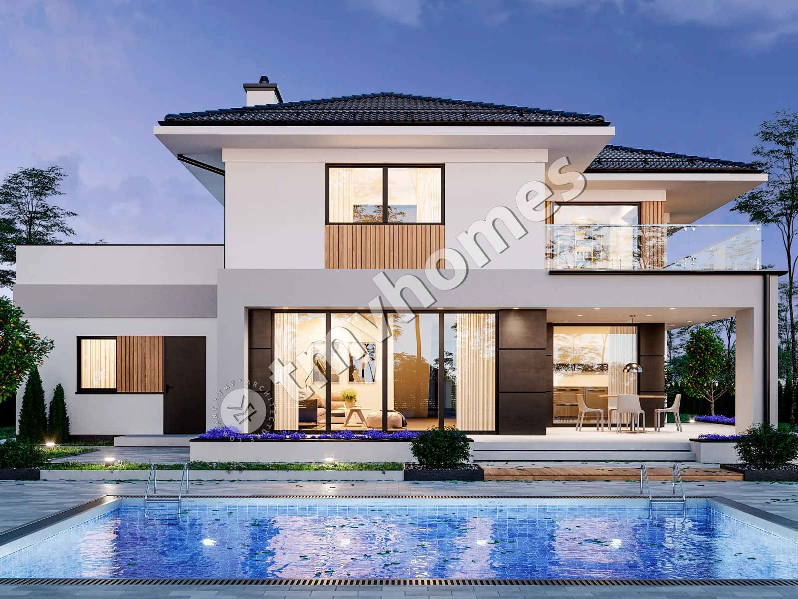 Dviejų aukštų namo projektas 270 m²: 2 Miegamieji, Darbo kambarys, 2 Vonios, Atvira virtuvė, Garažas