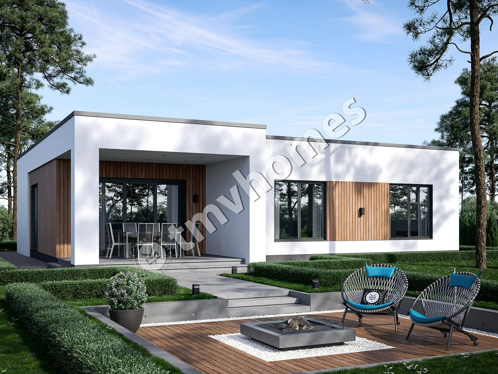 Vieno aukšto namo projektas 113 m²: 3 Miegamieji, 2 Vonios, Atvira virtuvė, be Garažo