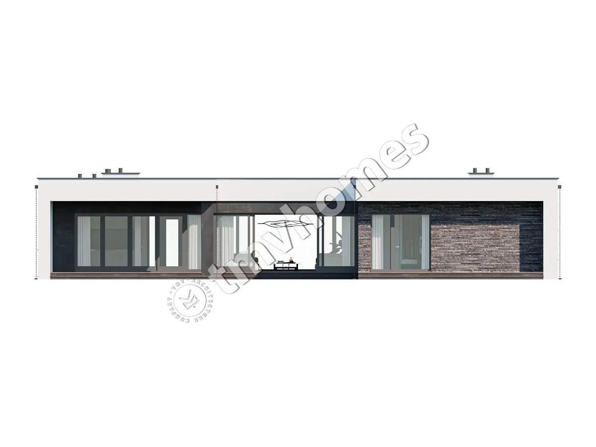 Vieno aukšto namo projektas 215 m²: 3 Miegamieji, 3 Vonios, Atvira virtuvė, be Garažo