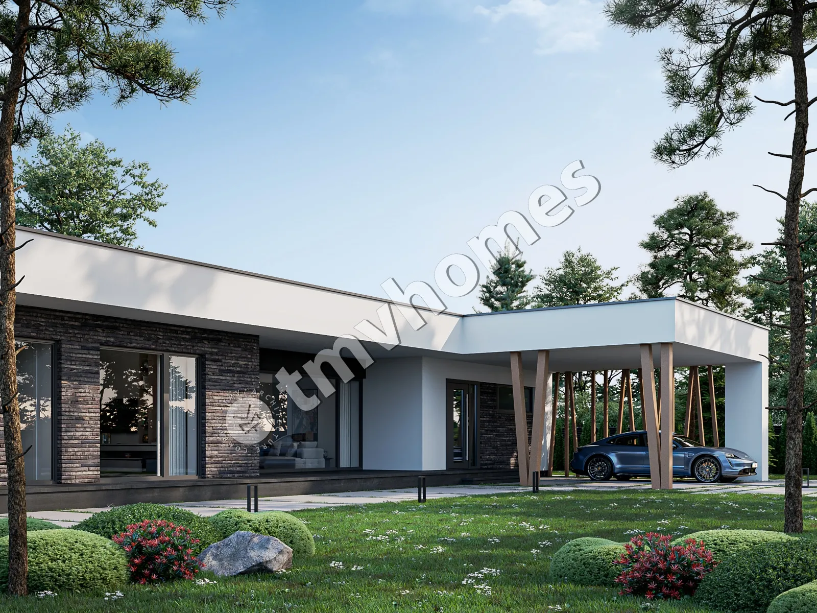 Vieno aukšto namo projektas 215 m²: 3 Miegamieji, 3 Vonios, Atvira virtuvė, be Garažo