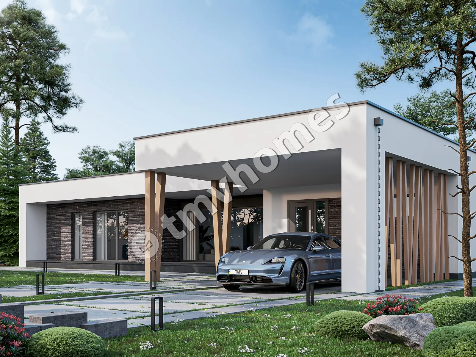 Vieno aukšto namo projektas 215 m²: 3 Miegamieji, 3 Vonios, Atvira virtuvė, be Garažo