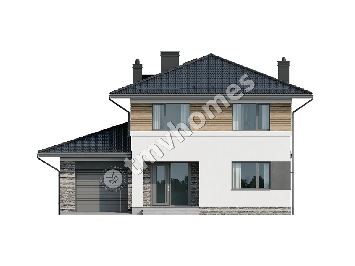 Dviejų aukštų namo projektas 220 m²: 3 Miegamieji, Darbo kambarys, 3 Vonios, Atvira virtuvė, Garažas