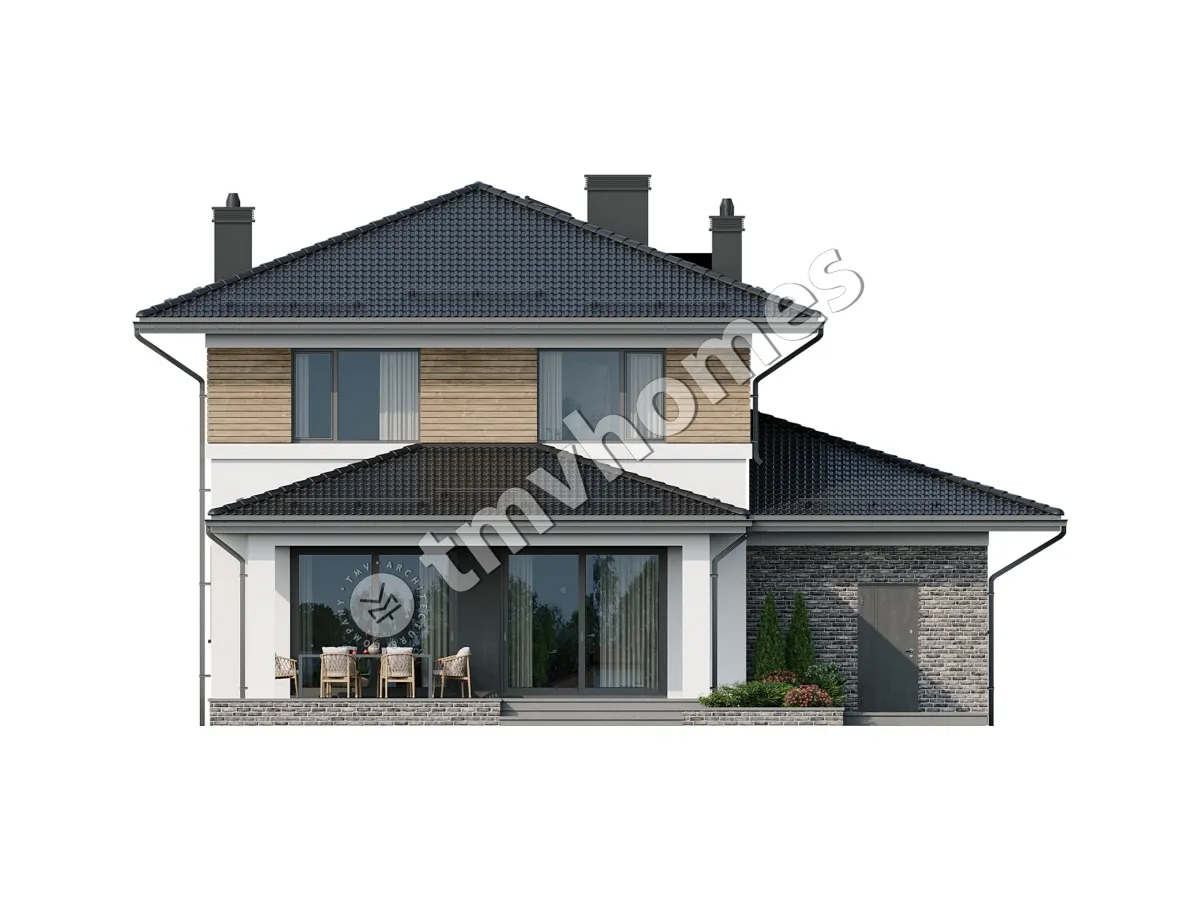 Dviejų aukštų namo projektas 220 m²: 3 Miegamieji, Darbo kambarys, 3 Vonios, Atvira virtuvė, Garažas