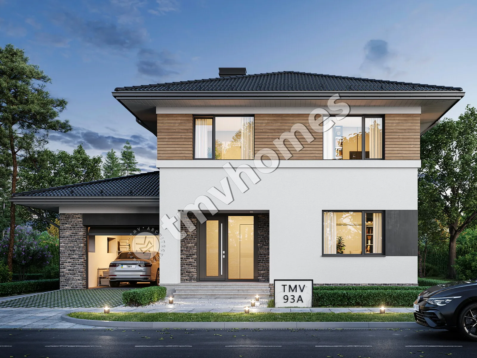 Dviejų aukštų namo projektas 220 m²: 3 Miegamieji, Darbo kambarys, 3 Vonios, Atvira virtuvė, Garažas