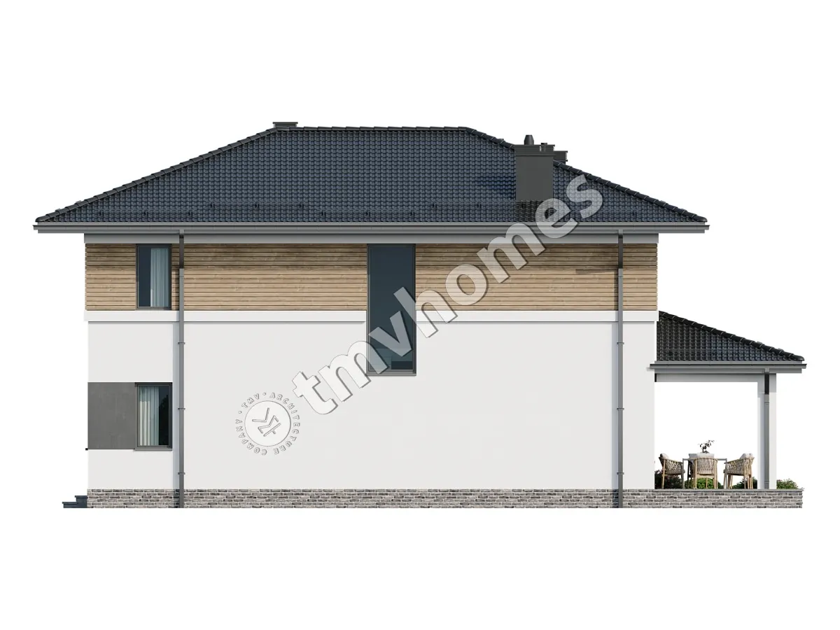 Dviejų aukštų namo projektas 220 m²: 3 Miegamieji, Darbo kambarys, 3 Vonios, Atvira virtuvė, Garažas