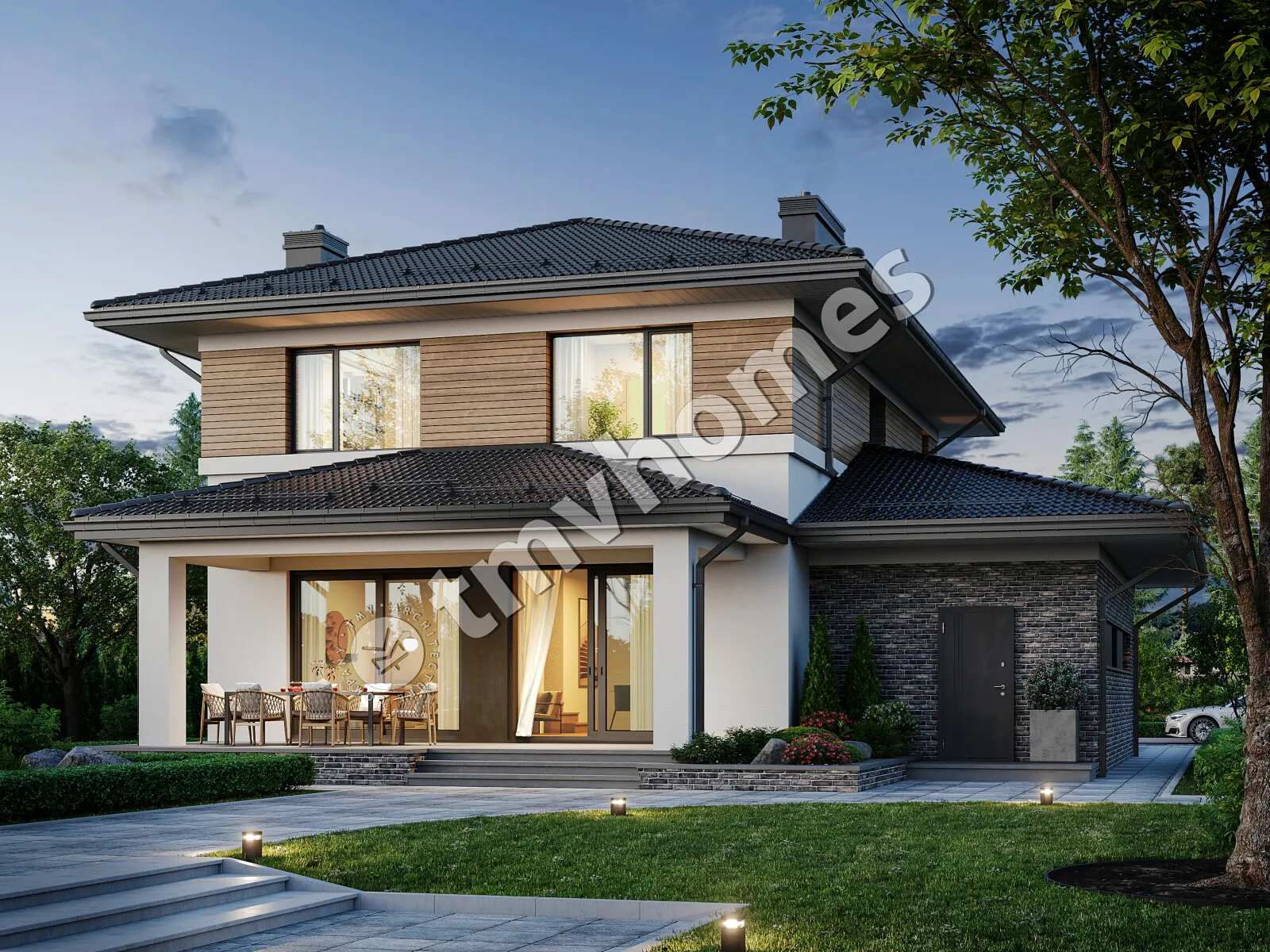 Dviejų aukštų namo projektas 220 m²: 3 Miegamieji, Darbo kambarys, 3 Vonios, Atvira virtuvė, Garažas