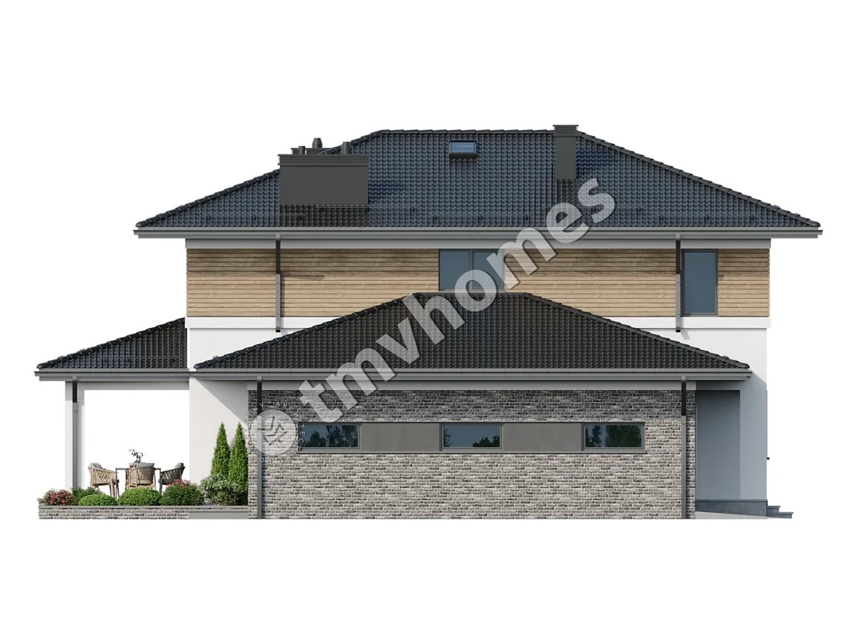 Dviejų aukštų namo projektas 220 m²: 3 Miegamieji, Darbo kambarys, 3 Vonios, Atvira virtuvė, Garažas