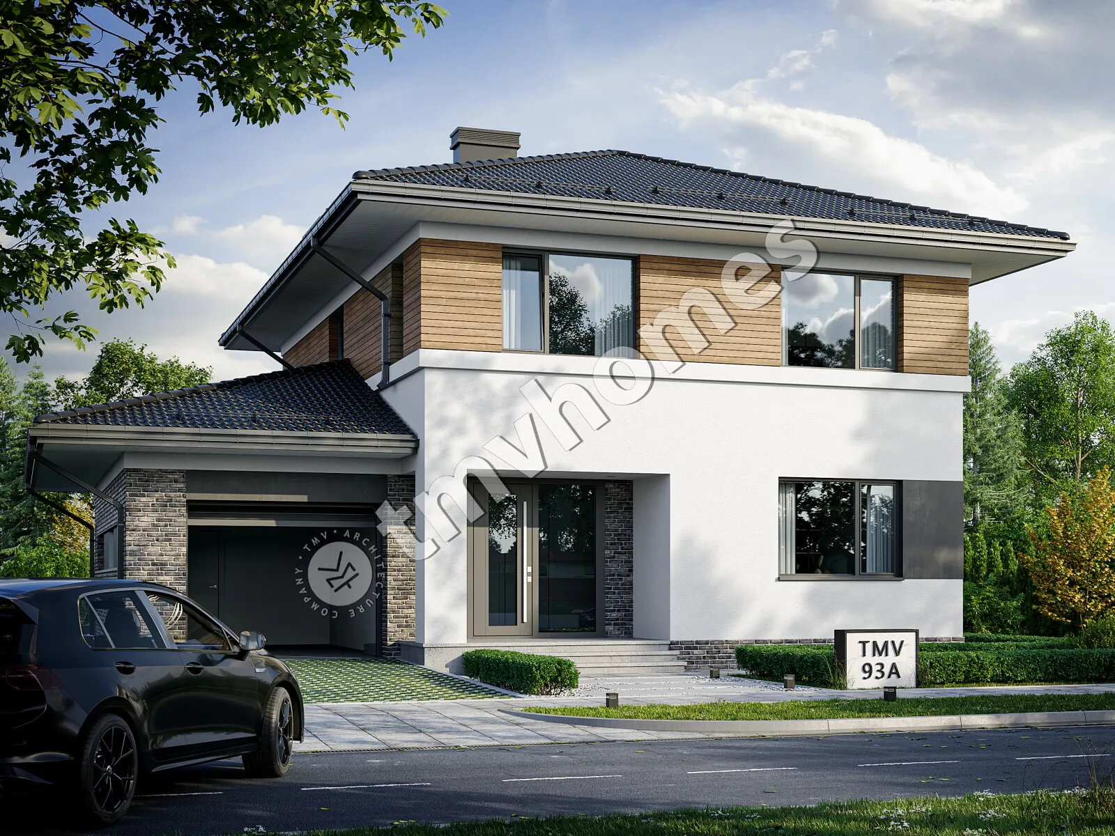 Dviejų aukštų namo projektas 220 m²: 3 Miegamieji, Darbo kambarys, 3 Vonios, Atvira virtuvė, Garažas