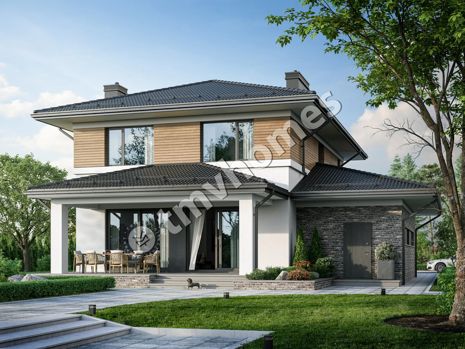 Dviejų aukštų namo projektas 220 m²: 3 Miegamieji, Darbo kambarys, 3 Vonios, Atvira virtuvė, Garažas