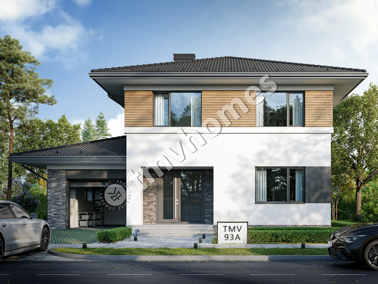Dviejų aukštų namo projektas 220 m²: 3 Miegamieji, Darbo kambarys, 3 Vonios, Atvira virtuvė, Garažas