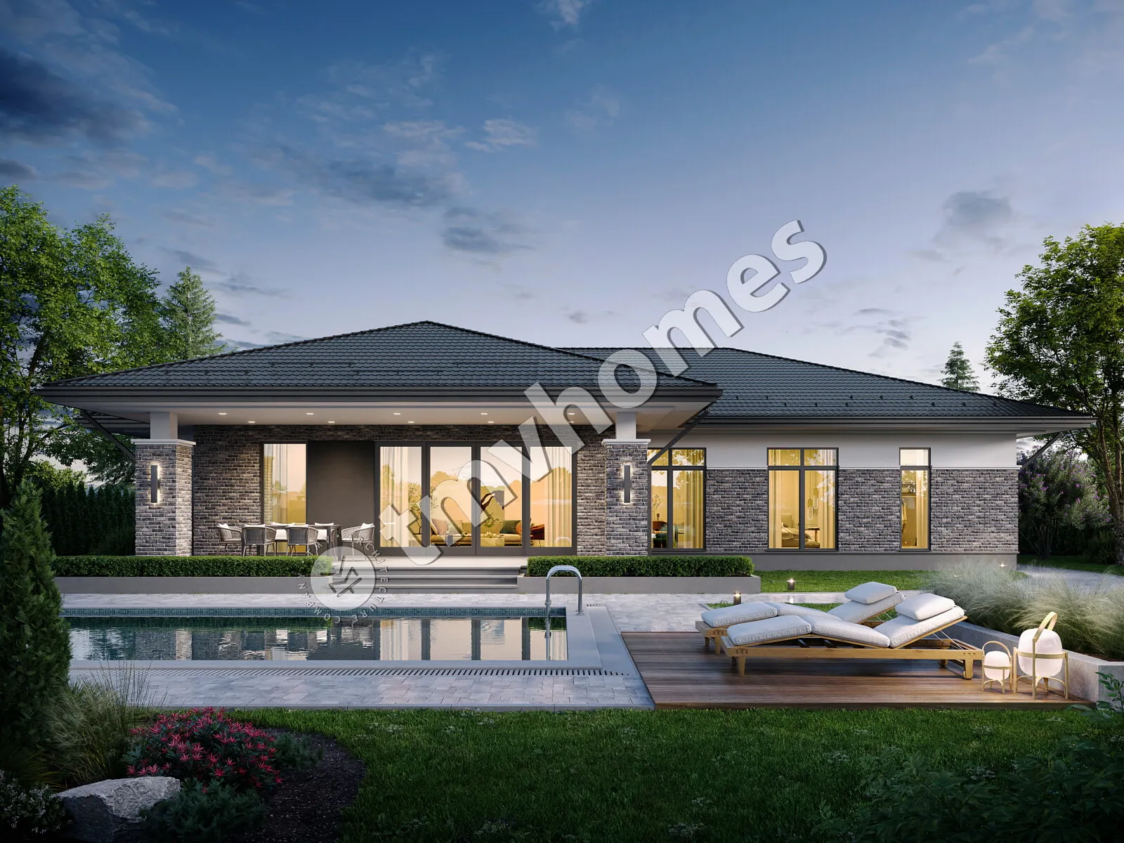 Vieno aukšto namo projektas 260 m²: 3 Miegamieji, 3 Vonios, Atvira virtuvė, Garažas