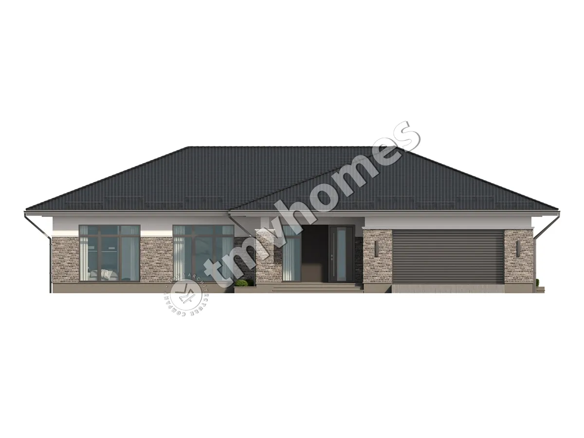 Vieno aukšto namo projektas 260 m²: 3 Miegamieji, 3 Vonios, Atvira virtuvė, Garažas
