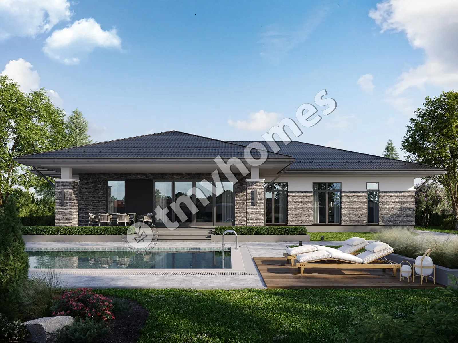 Vieno aukšto namo projektas 260 m²: 3 Miegamieji, 3 Vonios, Atvira virtuvė, Garažas