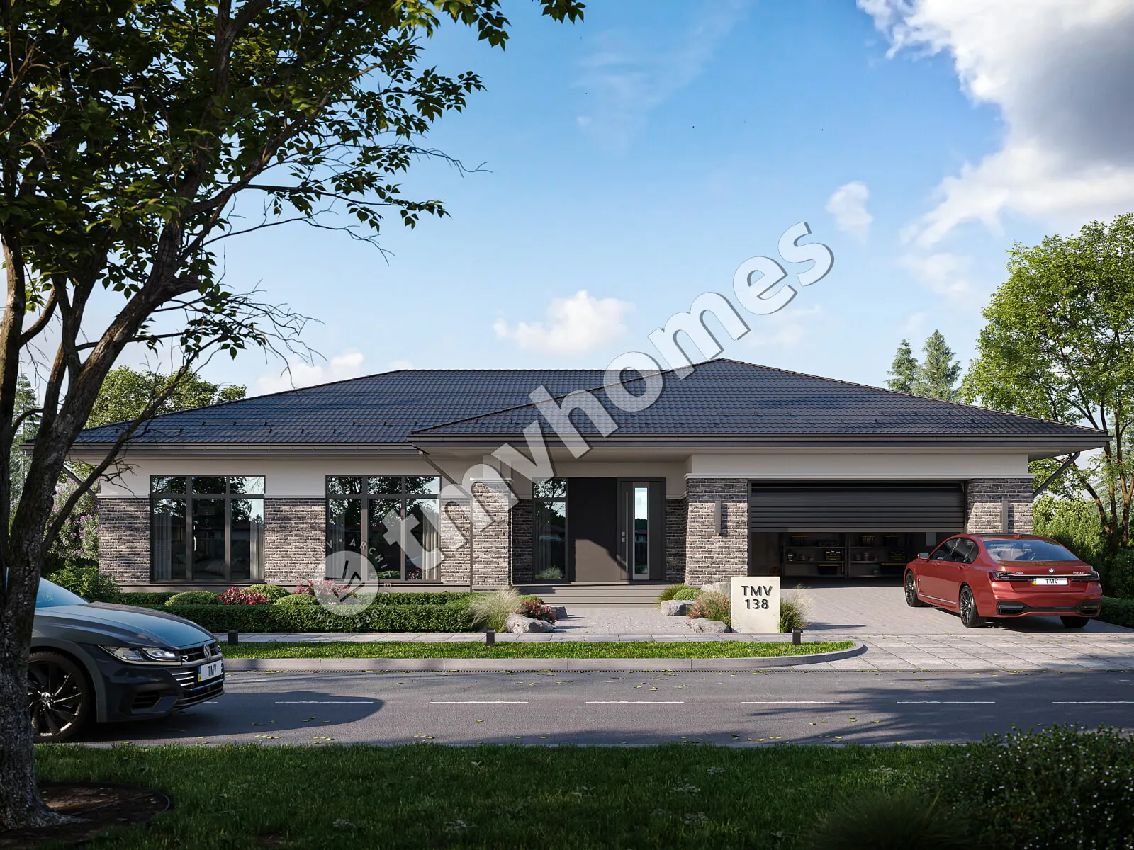 Vieno aukšto namo projektas 260 m²: 3 Miegamieji, 3 Vonios, Atvira virtuvė, Garažas