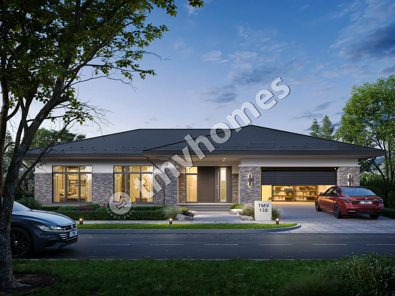 Vieno aukšto namo projektas 260 m²: 3 Miegamieji, 3 Vonios, Atvira virtuvė, Garažas