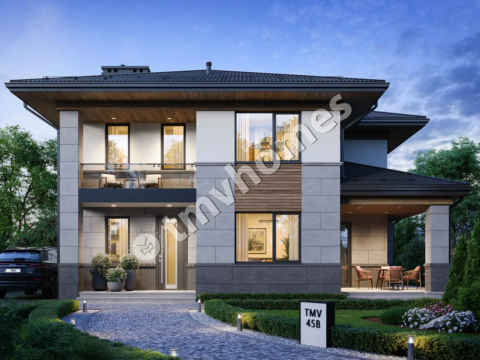 Dviejų aukštų namo projektas 173 m²: 3 Miegamieji, Darbo kambarys, 3 Vonios, be Garažo
