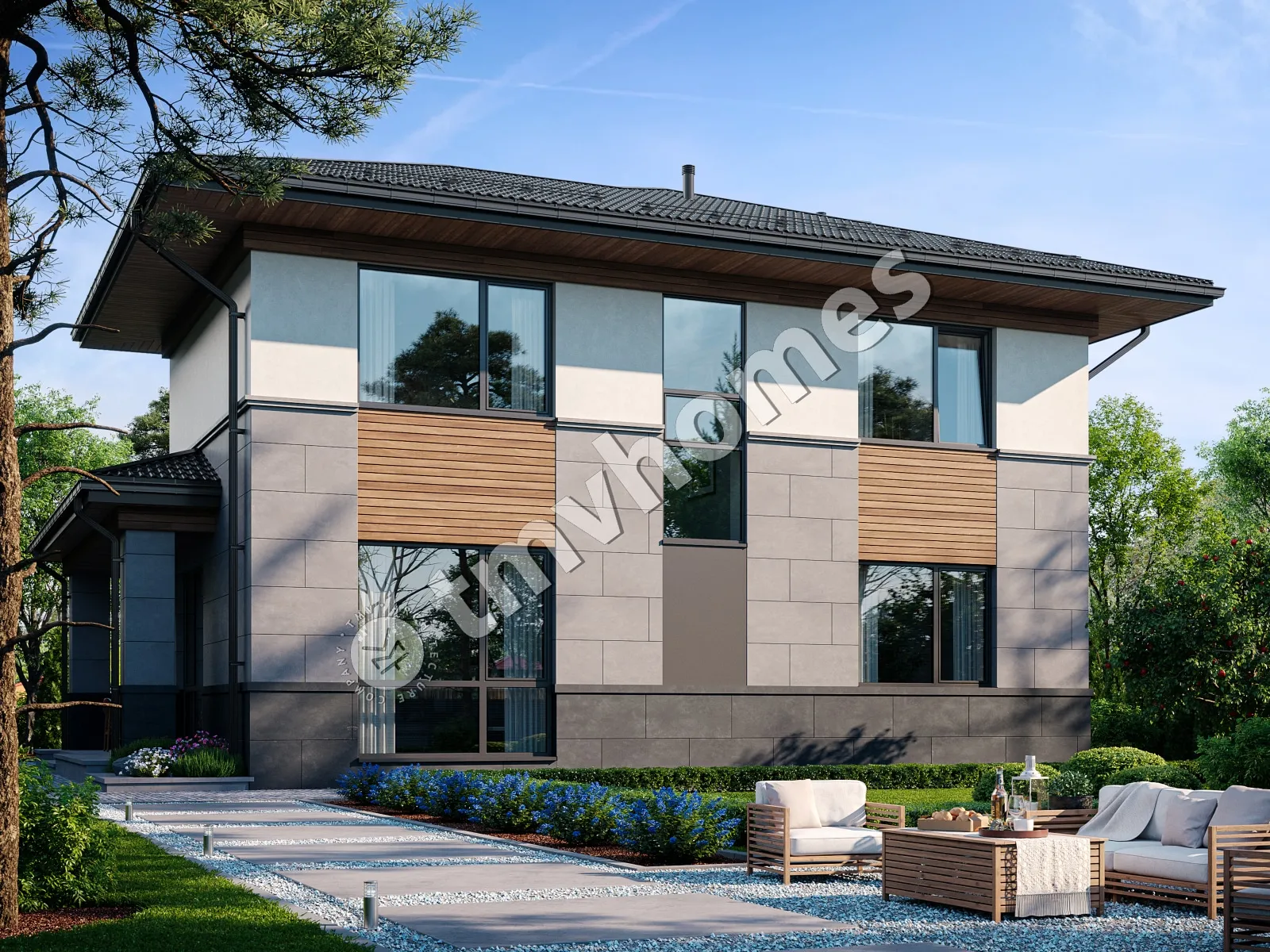 Dviejų aukštų namo projektas 173 m²: 3 Miegamieji, Darbo kambarys, 3 Vonios, be Garažo