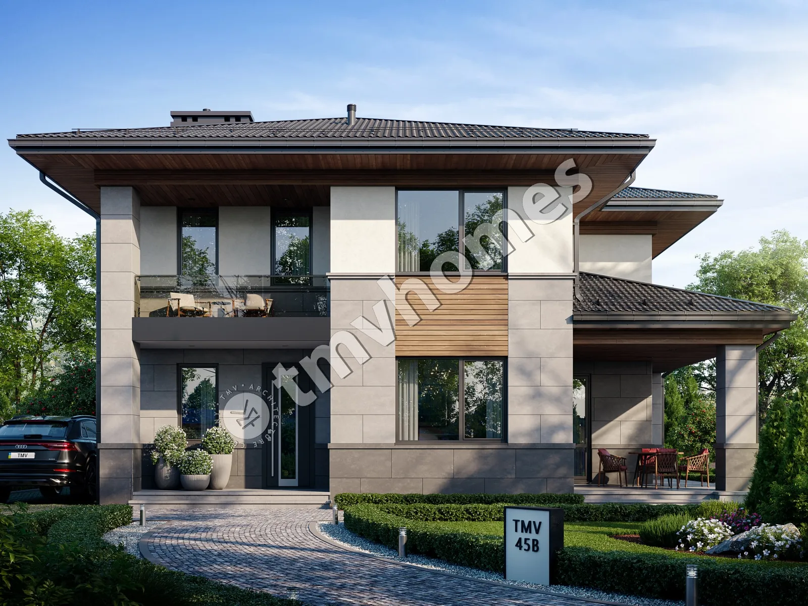 Dviejų aukštų namo projektas 173 m²: 3 Miegamieji, Darbo kambarys, 3 Vonios, be Garažo