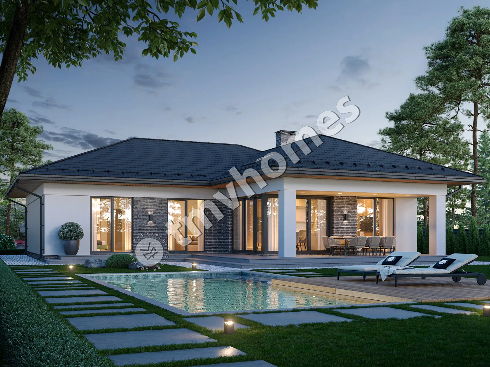 Vieno aukšto namo projektas 163 m²: 3 Miegamieji, 2 Vonios, Atvira virtuvė, Garažas