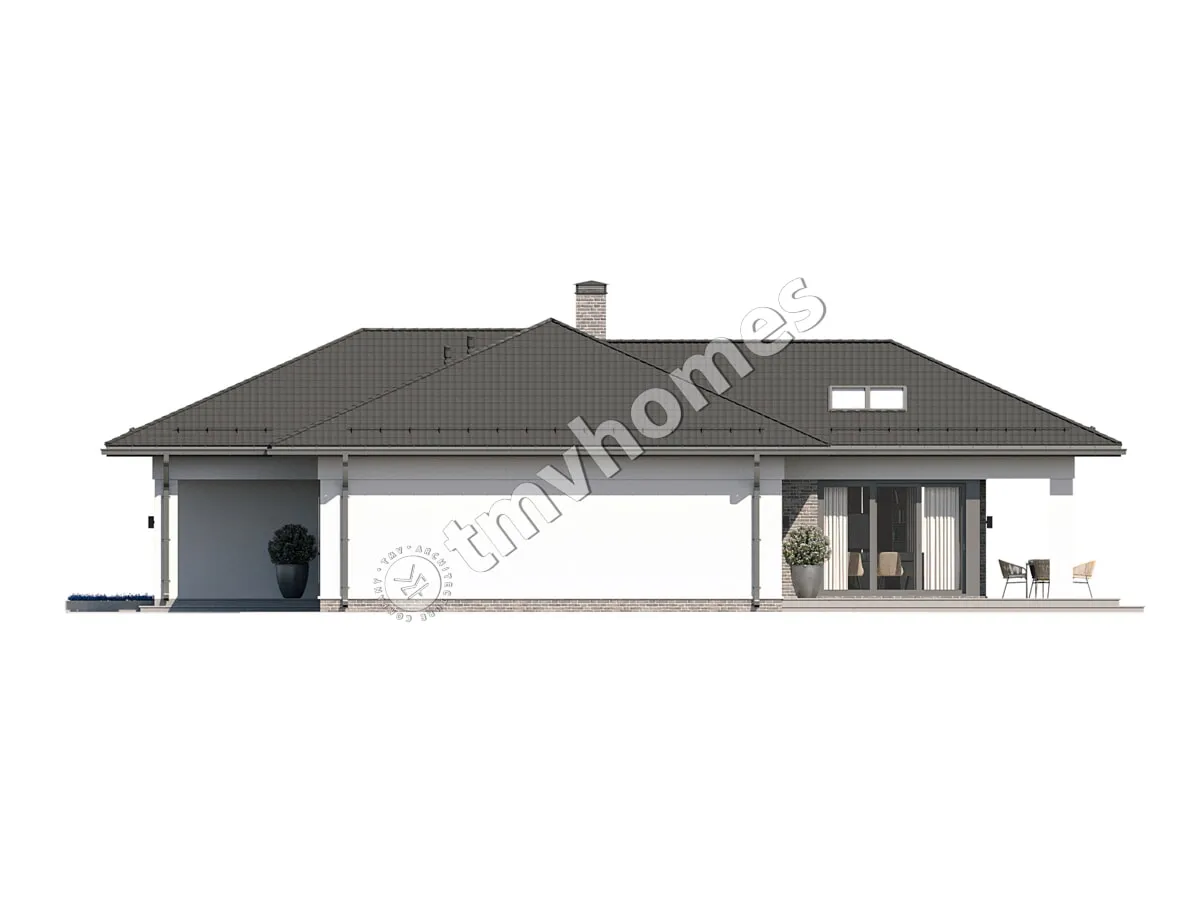 Vieno aukšto namo projektas 163 m²: 3 Miegamieji, 2 Vonios, Atvira virtuvė, Garažas