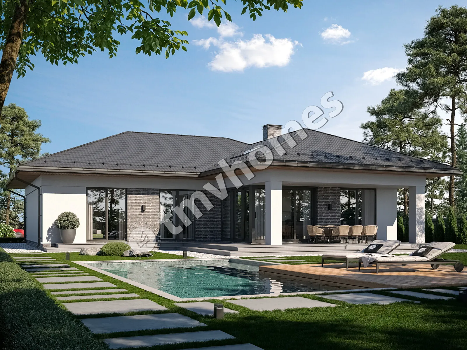 Vieno aukšto namo projektas 163 m²: 3 Miegamieji, 2 Vonios, Atvira virtuvė, Garažas