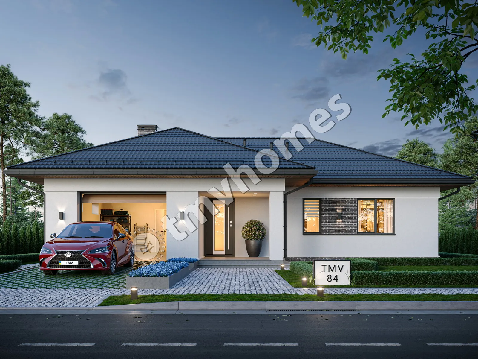 Vieno aukšto namo projektas 163 m²: 3 Miegamieji, 2 Vonios, Atvira virtuvė, Garažas