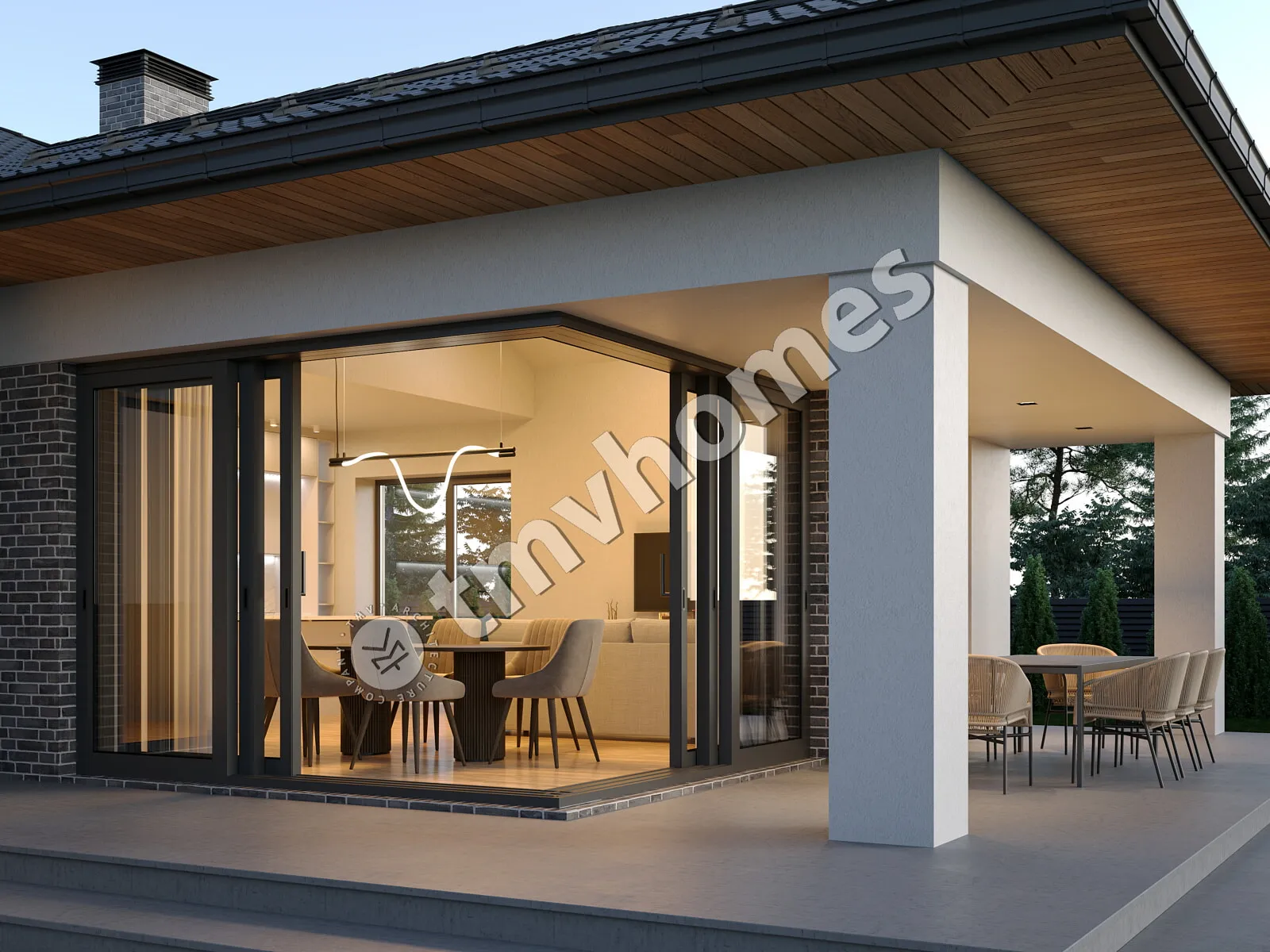 Vieno aukšto namo projektas 163 m²: 3 Miegamieji, 2 Vonios, Atvira virtuvė, Garažas