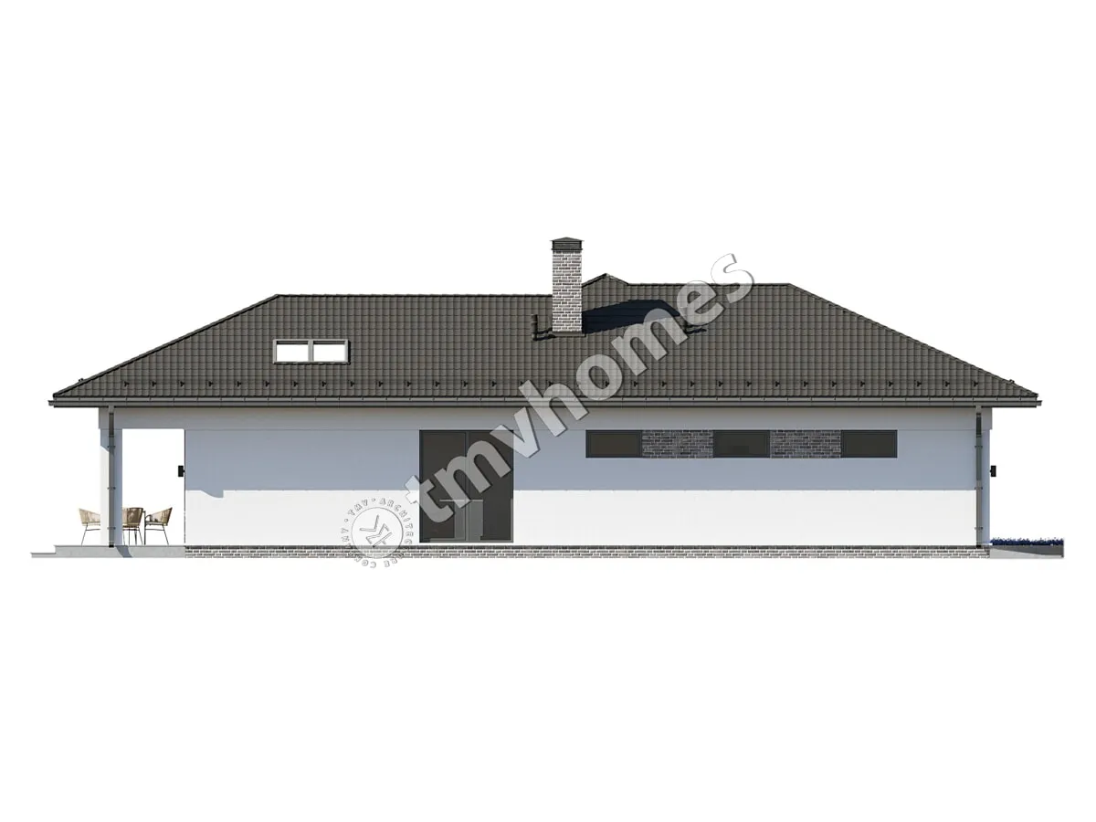 Vieno aukšto namo projektas 163 m²: 3 Miegamieji, 2 Vonios, Atvira virtuvė, Garažas