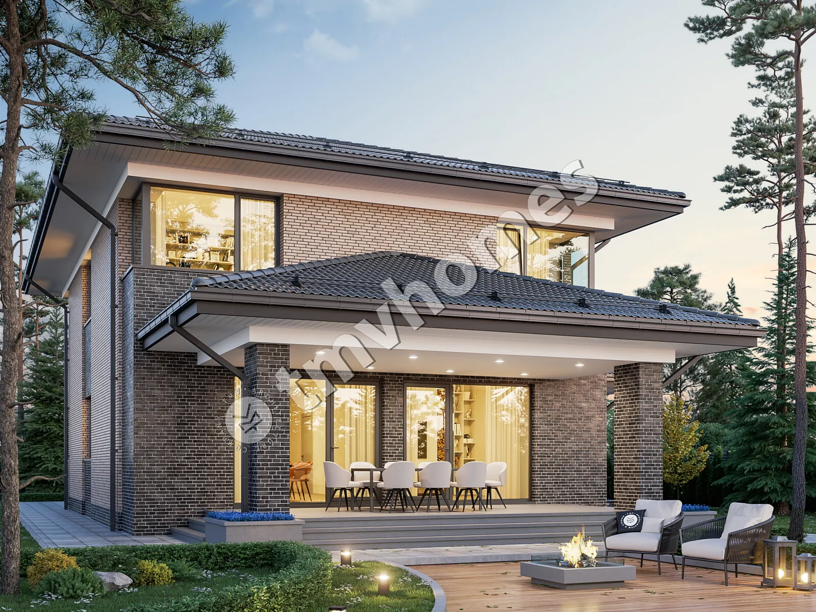 Dviejų aukštų namo projektas 237 m²: 3 Miegamieji, Darbo kambarys, 2 Vonios, Atvira virtuvė, Garažas