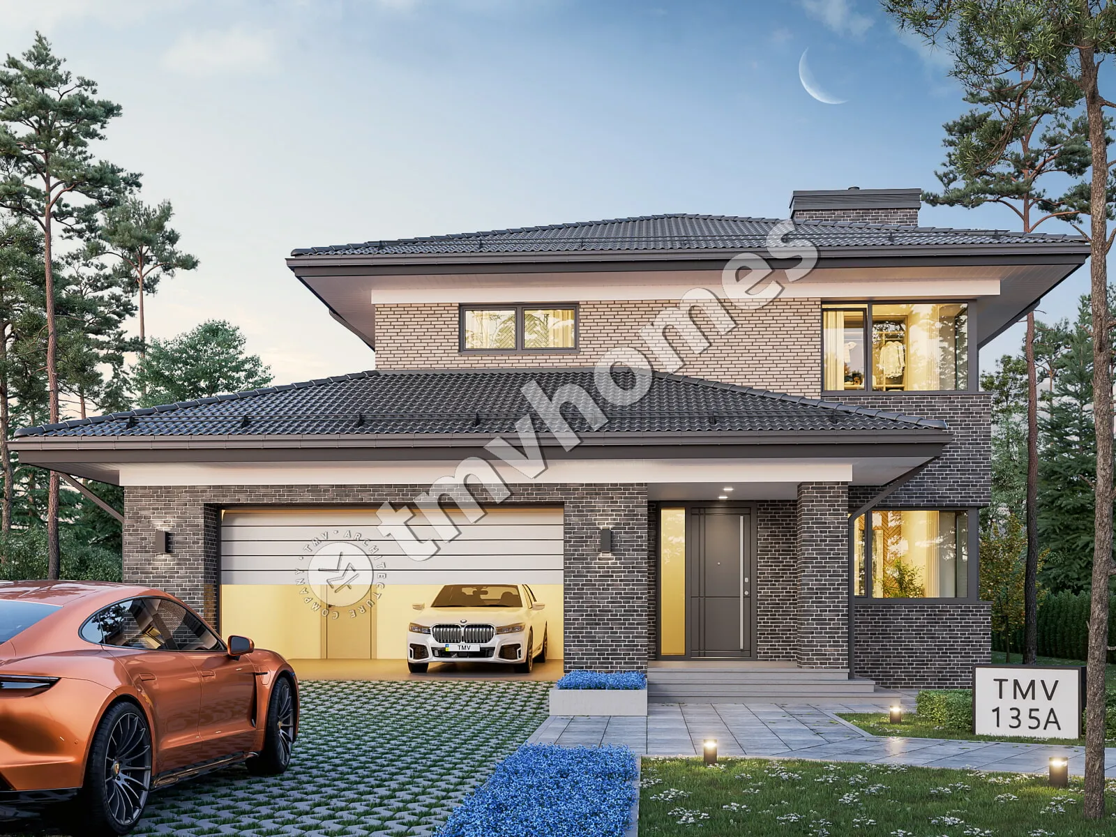 Dviejų aukštų namo projektas 237 m²: 3 Miegamieji, Darbo kambarys, 2 Vonios, Atvira virtuvė, Garažas