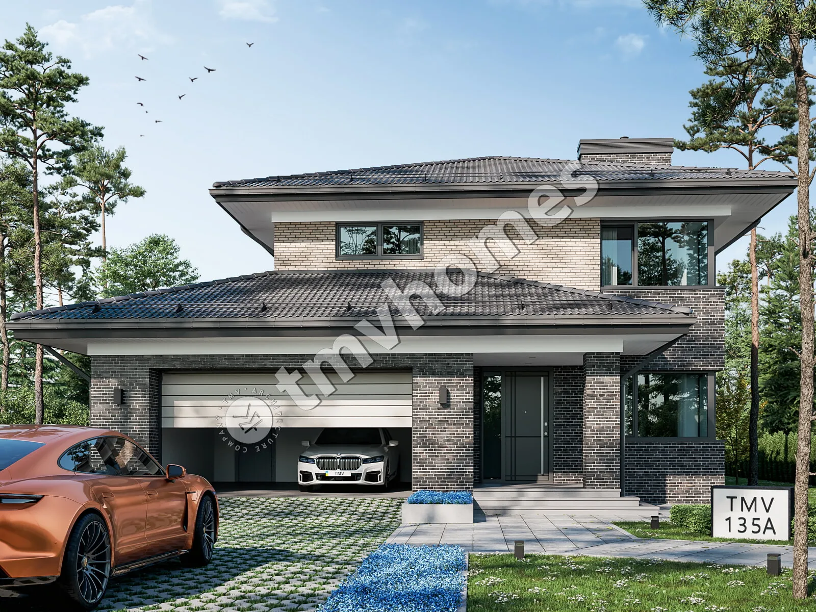 Dviejų aukštų namo projektas 237 m²: 3 Miegamieji, Darbo kambarys, 2 Vonios, Atvira virtuvė, Garažas