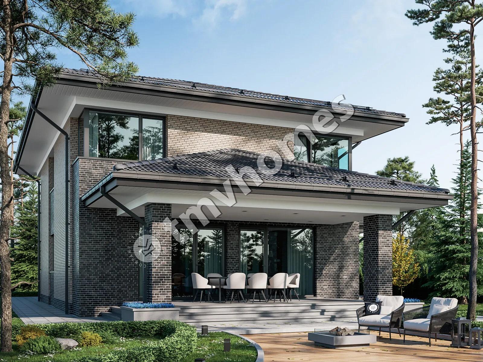 Dviejų aukštų namo projektas 237 m²: 3 Miegamieji, Darbo kambarys, 2 Vonios, Atvira virtuvė, Garažas