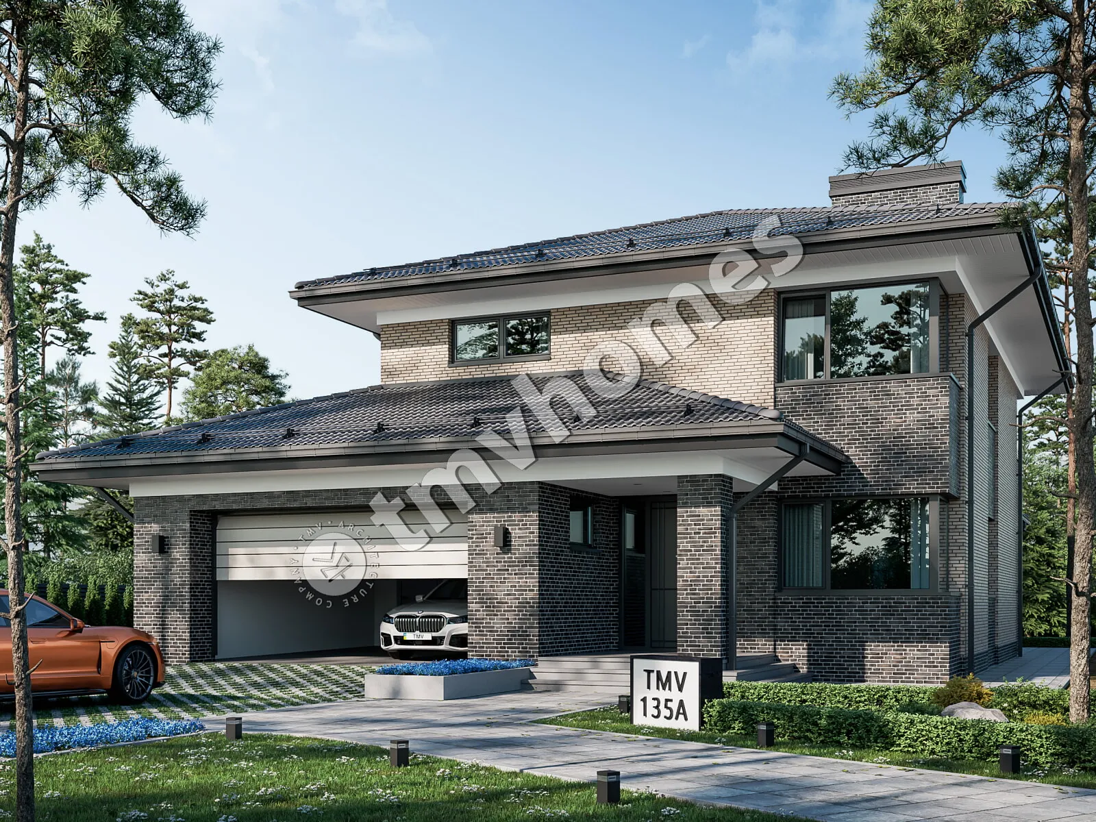 Dviejų aukštų namo projektas 237 m²: 3 Miegamieji, Darbo kambarys, 2 Vonios, Atvira virtuvė, Garažas
