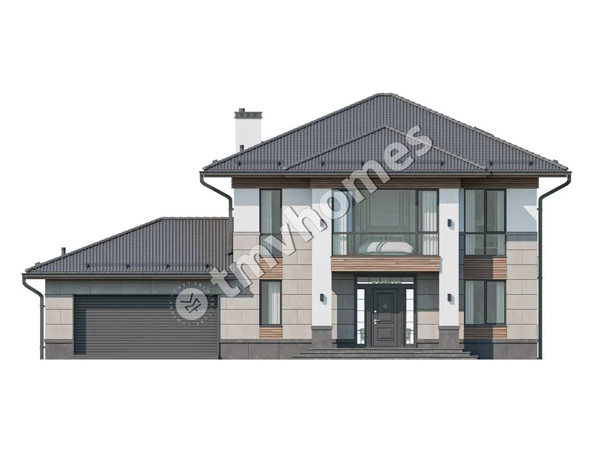 Dviejų aukštų namo projektas 292 m²: 3 Miegamieji, Darbo kambarys, 3 Vonios, Atvira virtuvė, Garažas